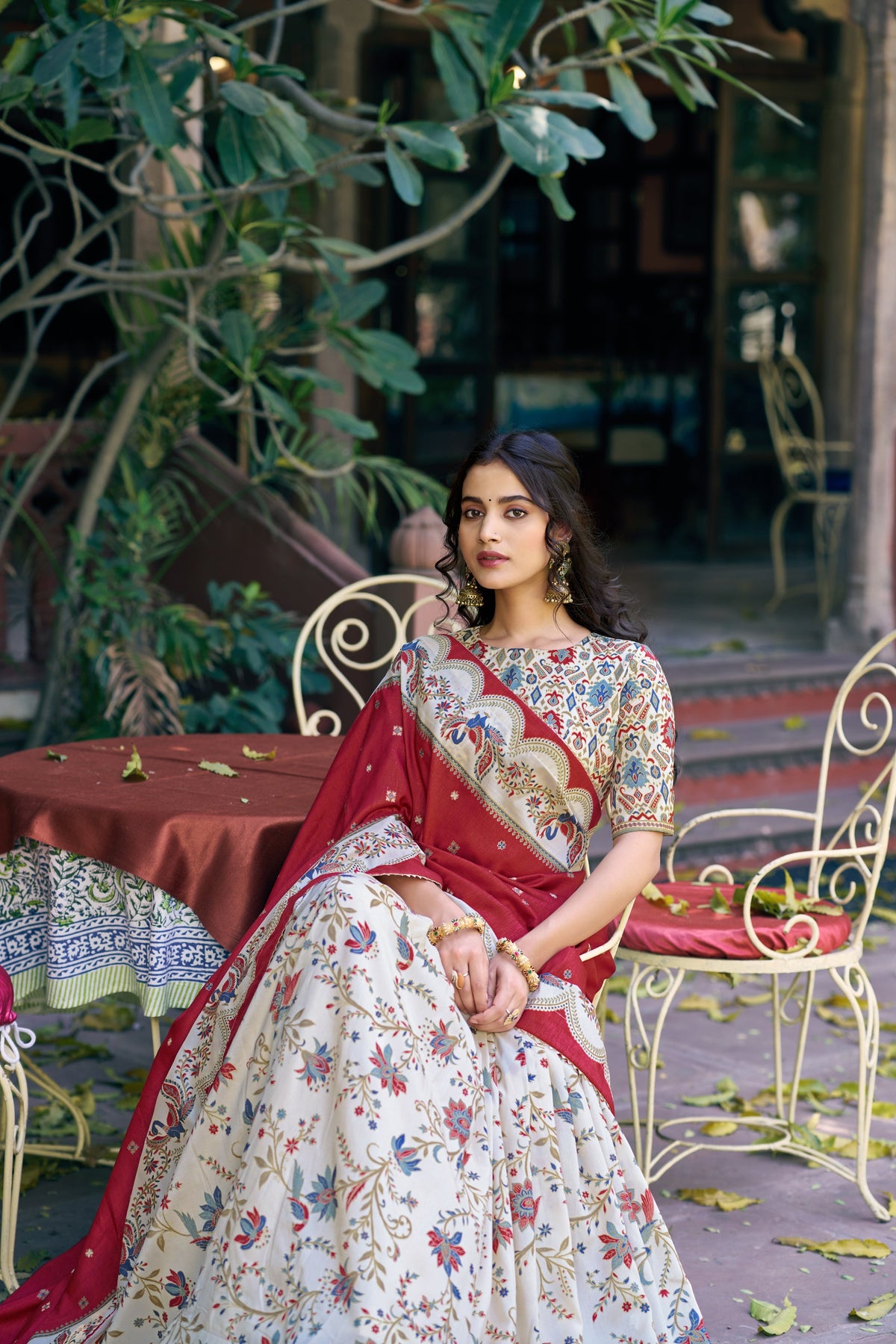 Offwhite Tasar Silk Lehenga Choli with Gilded Foil Print