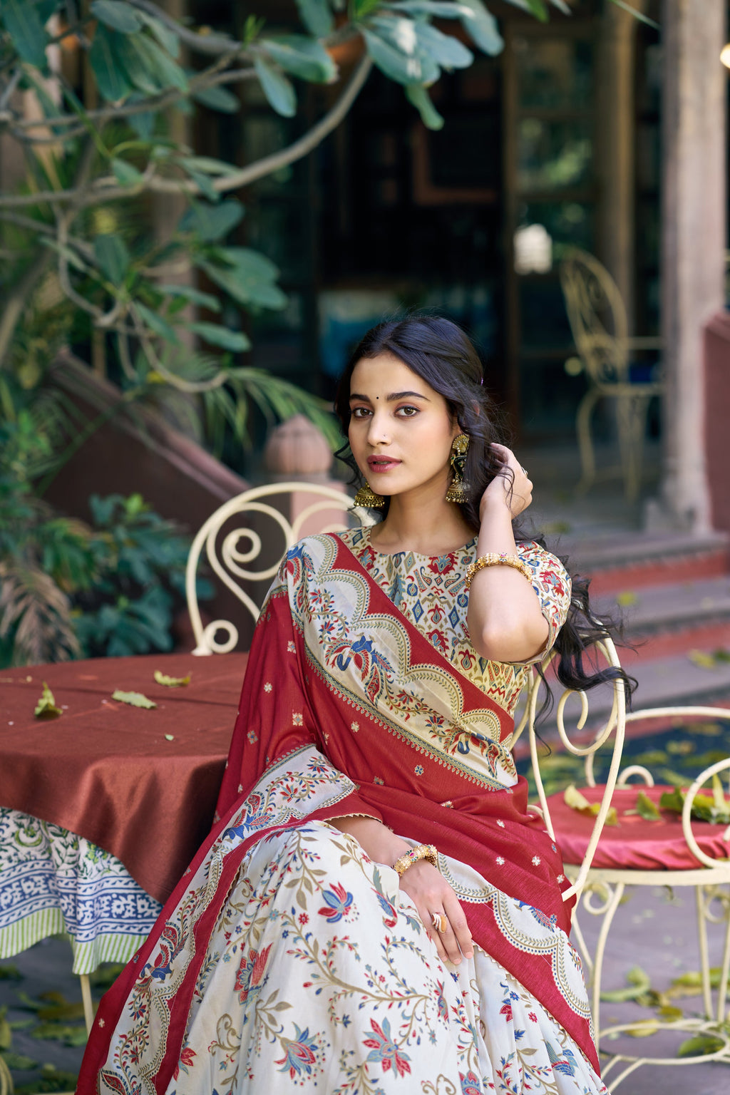 Offwhite Tasar Silk Lehenga Choli with Gilded Foil Print