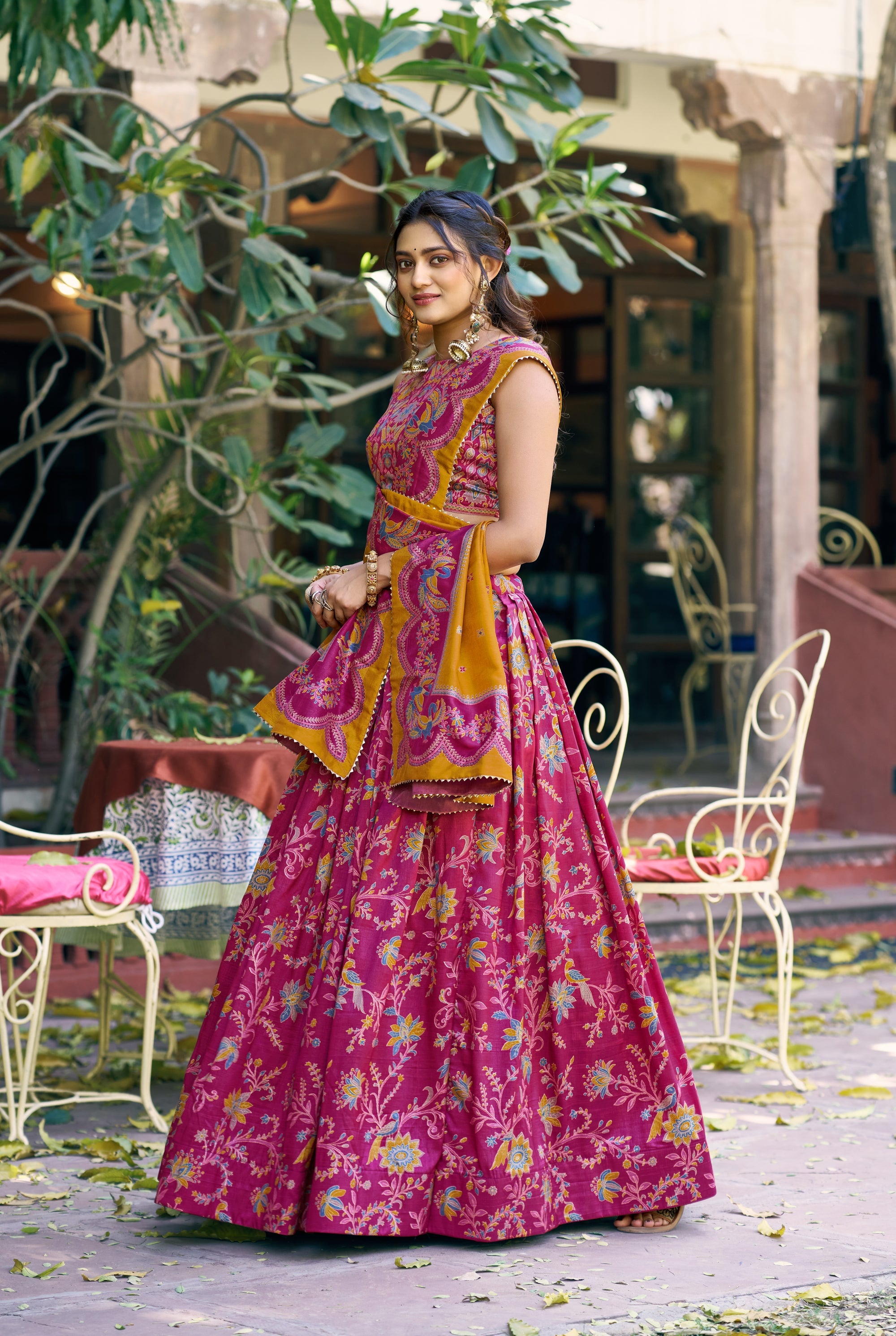 Pink Tasar Silk Lehenga Choli with Gilded Foil Printed Motif