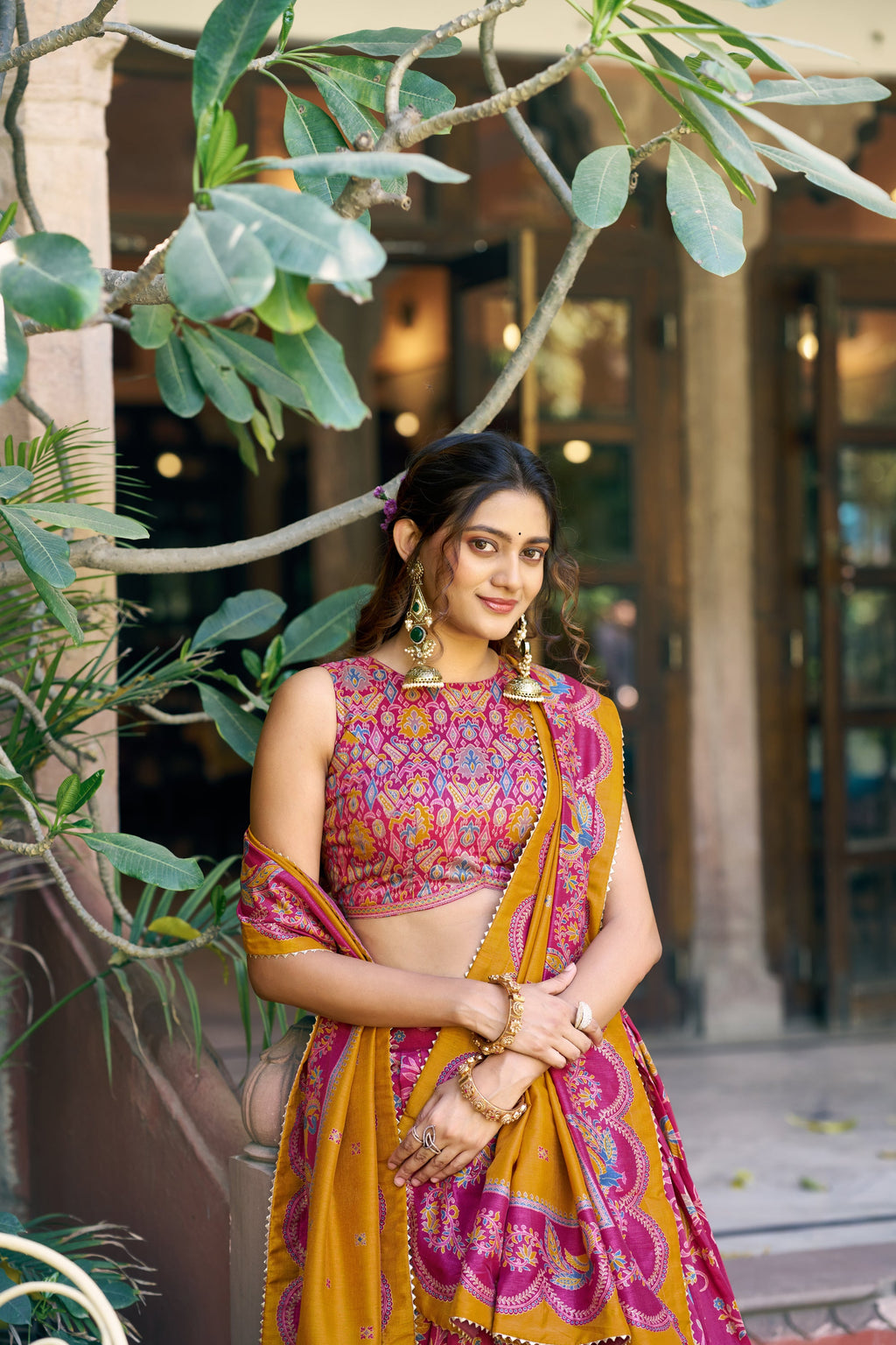 Pink Tasar Silk Lehenga Choli with Gilded Foil Printed Motif