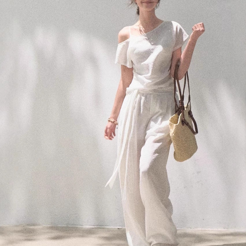 Off-Shoulder Linen Blend Two-Piece Set with Lace Trim - Image 3