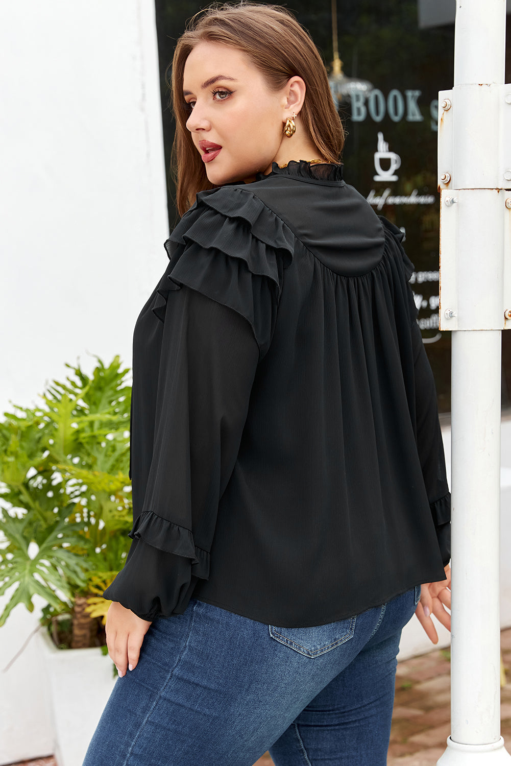 Plus Size Ruffle Balloon Sleeve Chiffon Shirt