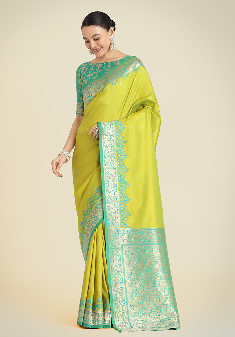 Parrot Green Banarasi Silk Saree with Traditional Zari Weaving