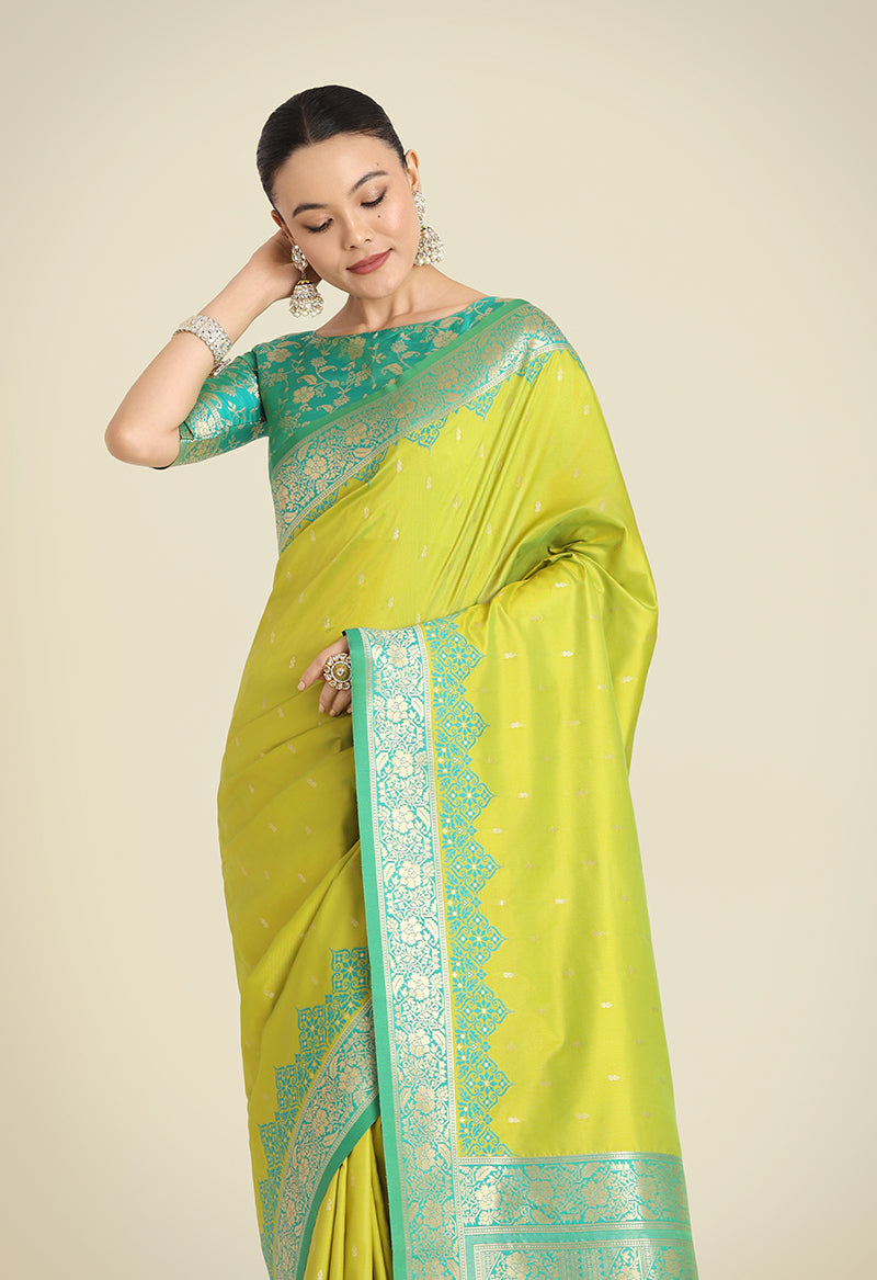 Parrot Green Banarasi Silk Saree with Traditional Zari Weaving