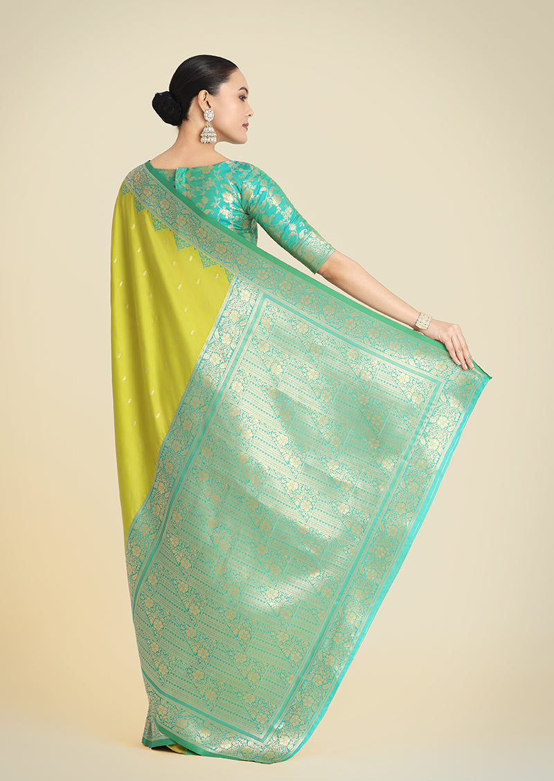 Parrot Green Banarasi Silk Saree with Traditional Zari Weaving