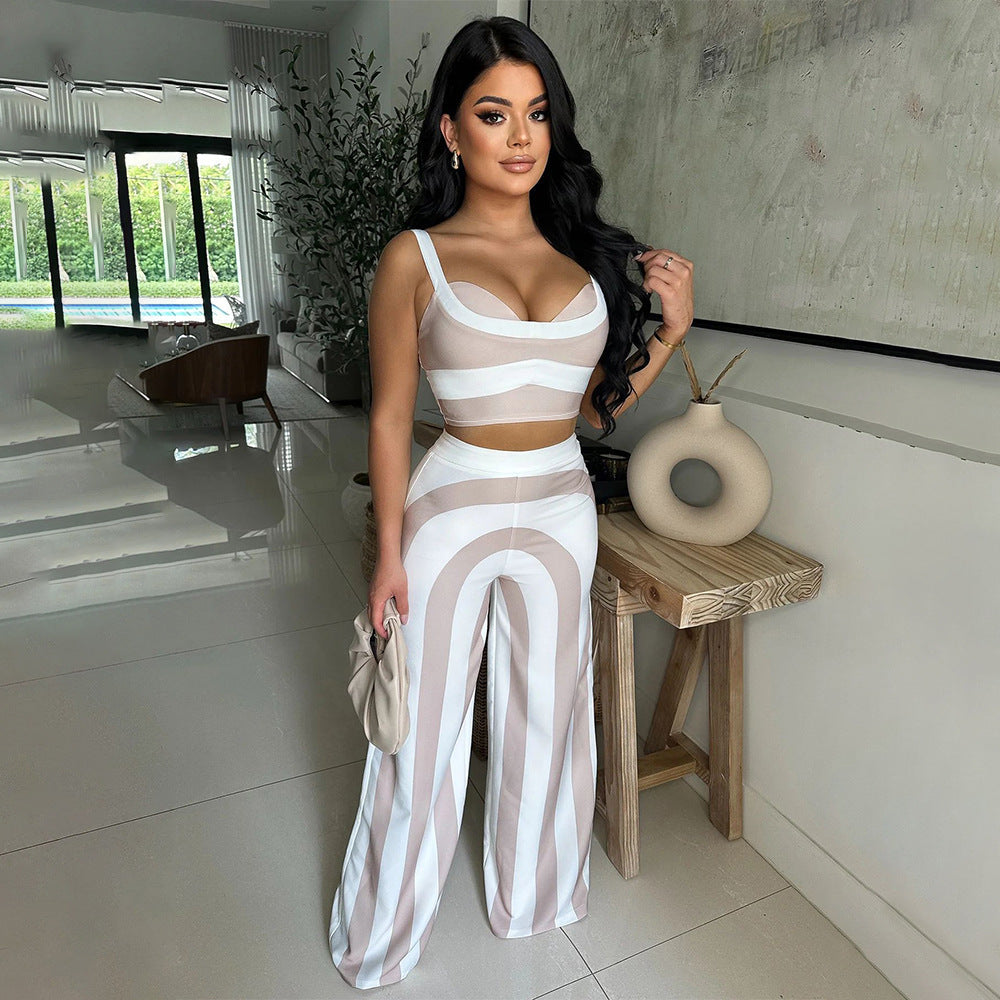 Women Clothing Summer Popular Striped Sling Casual Set