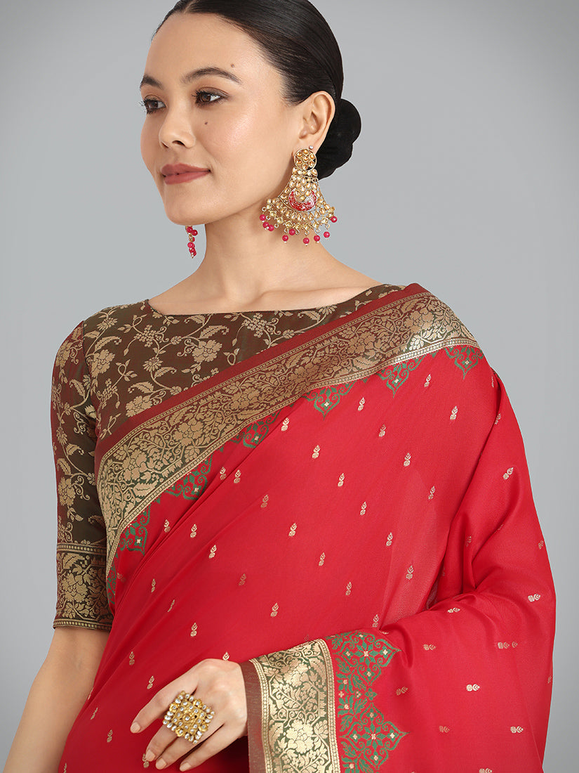 Red Banarasi Silk Saree with Traditional Zari Woven Designer Pattern