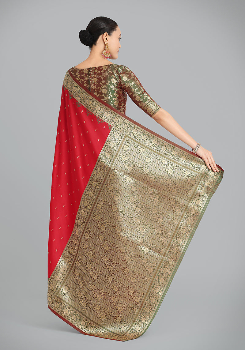 Red Banarasi Silk Saree with Traditional Zari Woven Designer Pattern