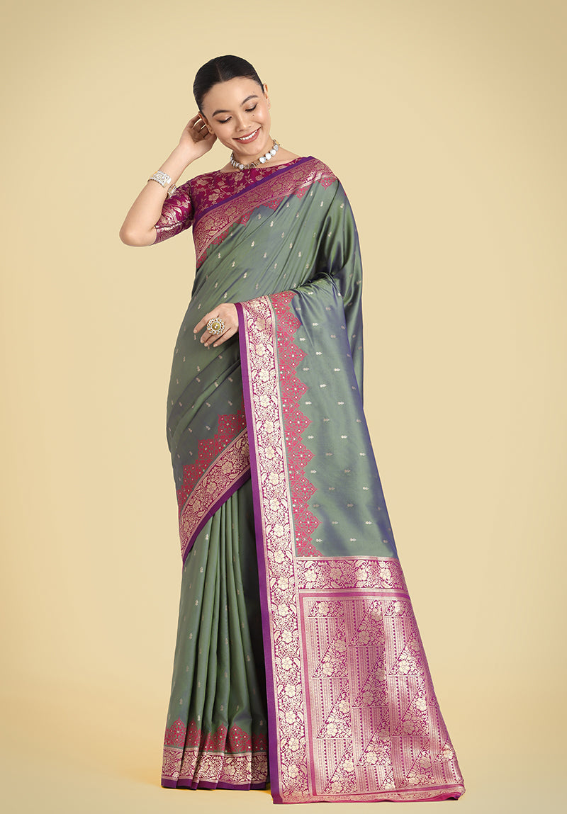 Olive Green Banarasi Silk Saree with Intricate Zari Weaving