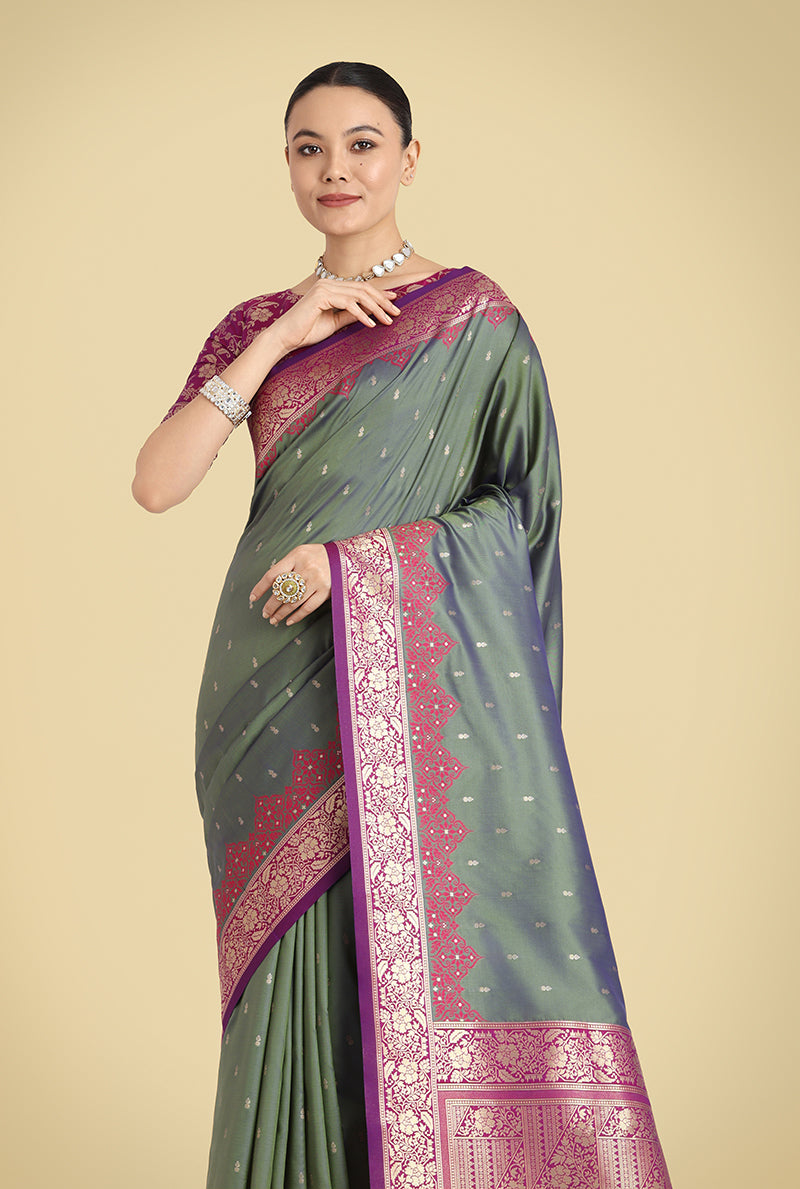 Olive Green Banarasi Silk Saree with Intricate Zari Weaving