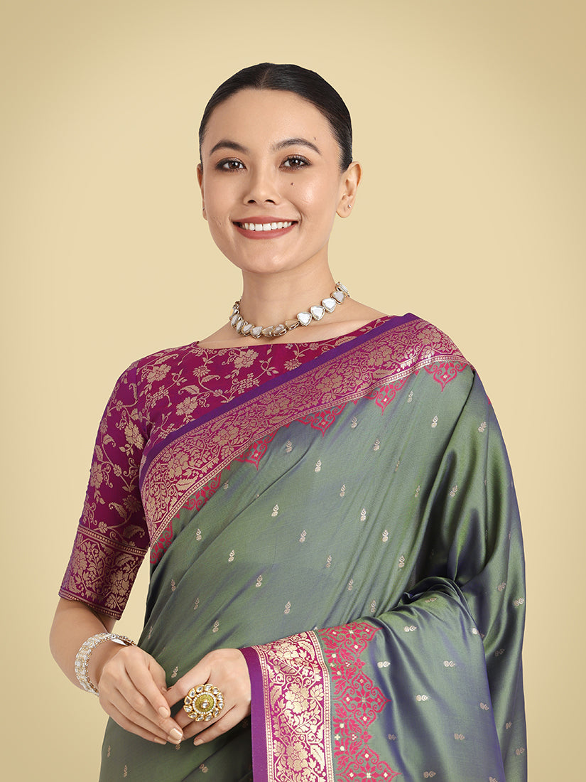 Olive Green Banarasi Silk Saree with Intricate Zari Weaving