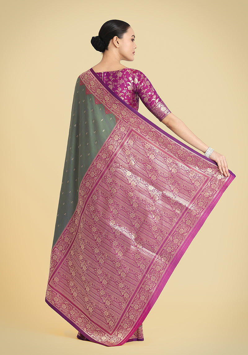 Olive Green Banarasi Silk Saree with Intricate Zari Weaving