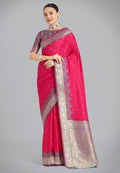Pink Banarasi silk saree with traditional zari woven designer patterns