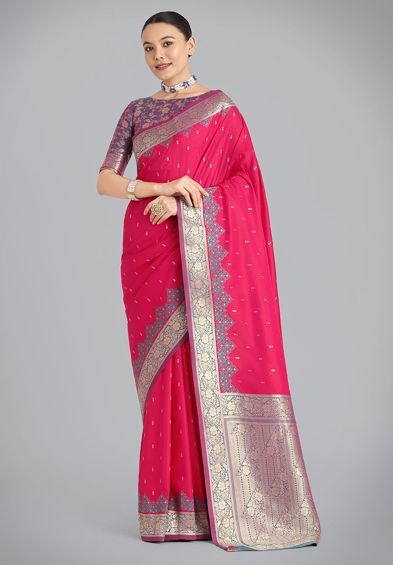 Pink Banarasi silk saree with traditional zari woven designer patterns