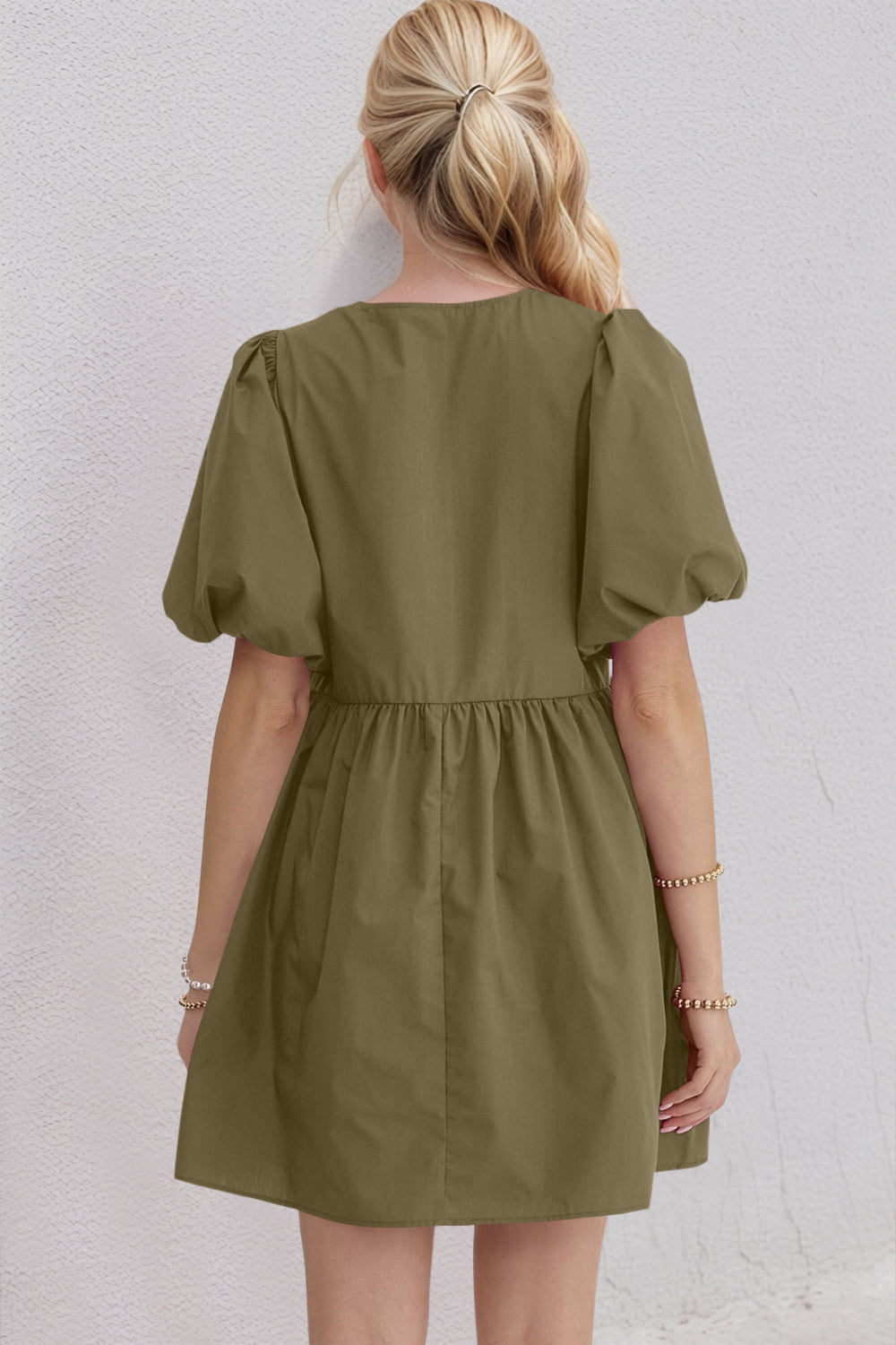 Ruched Puff Sleeve Mini Dress with Bow Detail
