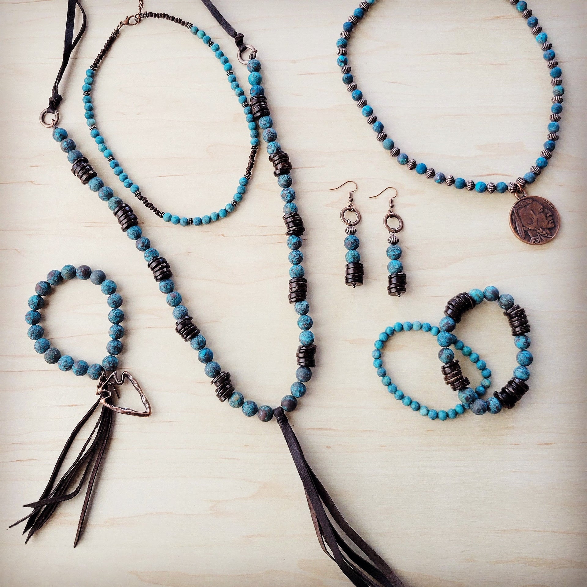 Natural American Turquoise and Wood Beaded Stretch Bracelet - Image 2