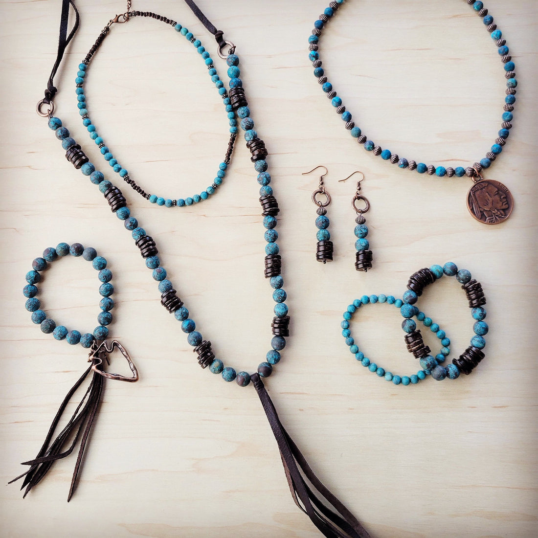 Natural American Turquoise and Wood Bead Boho Drop Earrings - Image 2
