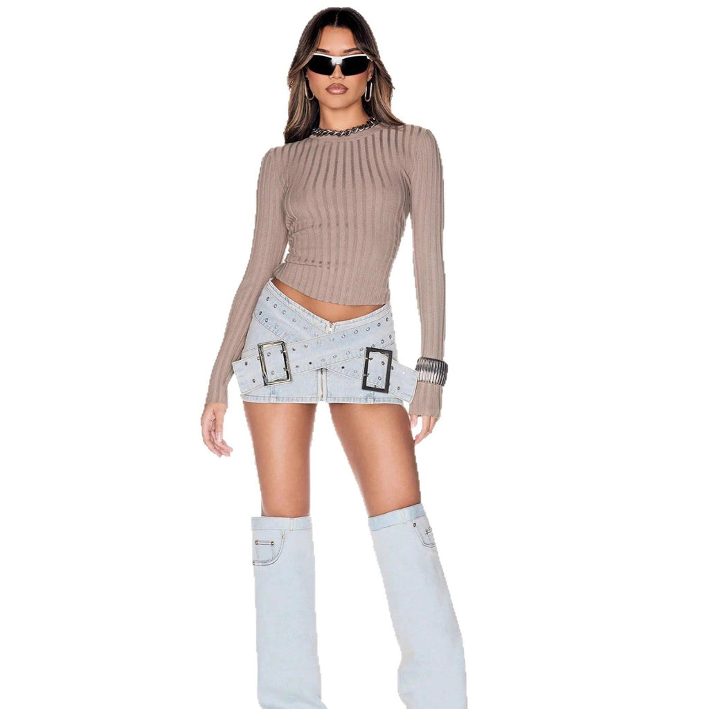 Light Blue Denim Mini Skirt Bodycon Cross-Over Buckle Detail