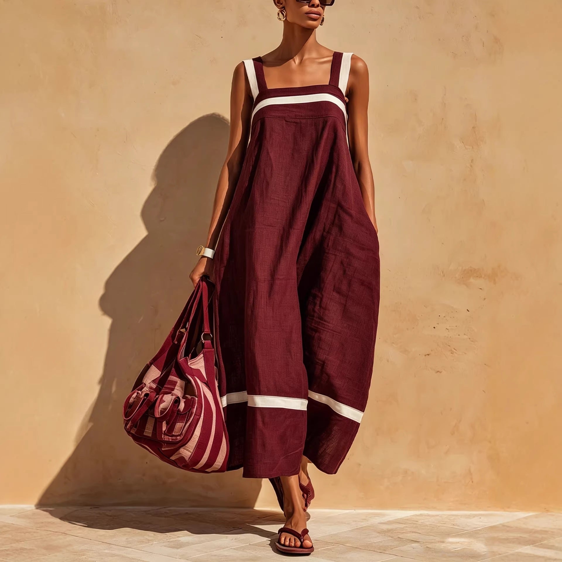 Women's Contrast Strap Midi Dress in Linen Blend - Image 4