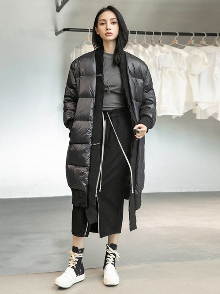 Women's Harajuku Loose Fit Black Spliced Puffer Parka Jacket - Image 2