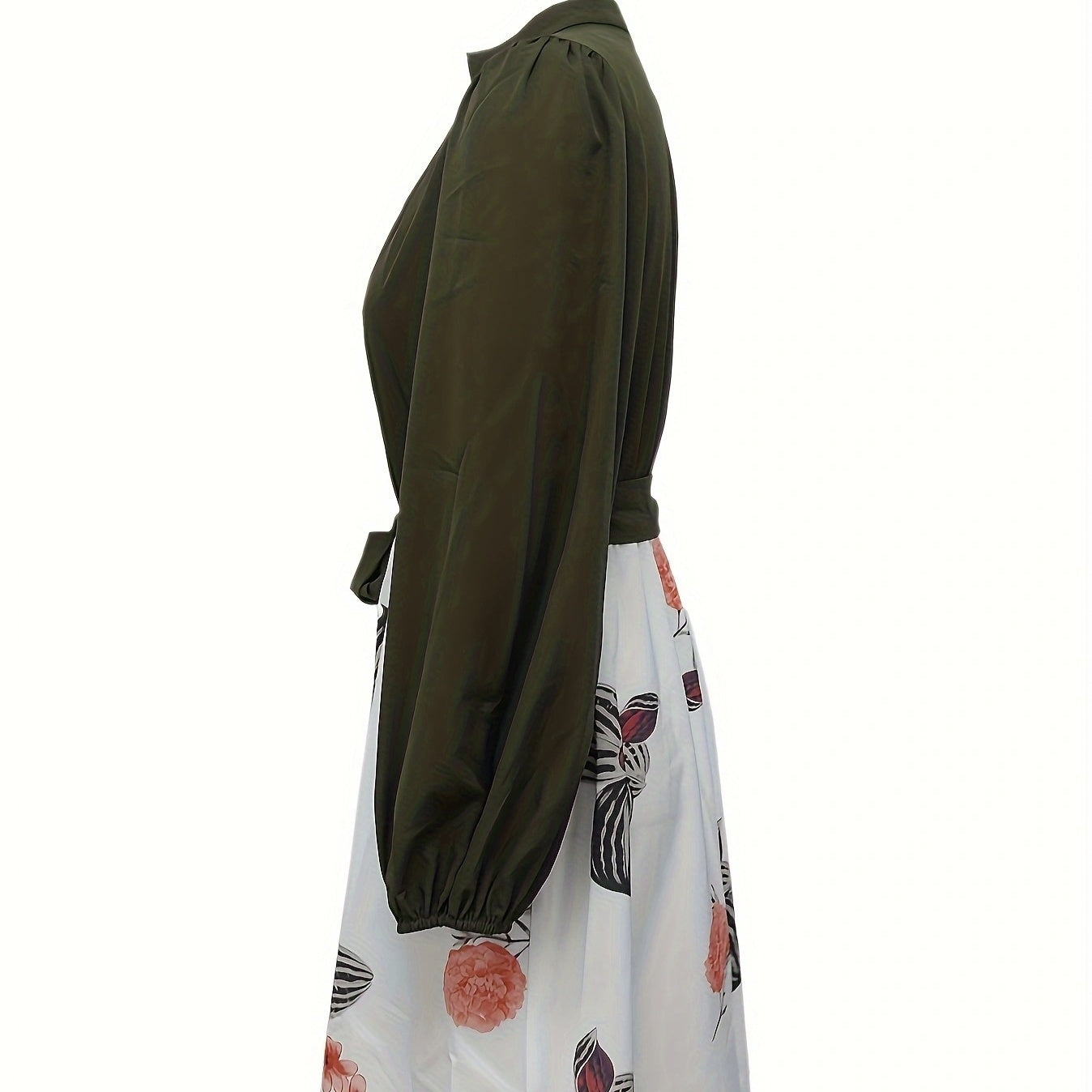 Floral Print V-Neck Midi Dress with Waist Belt in Green