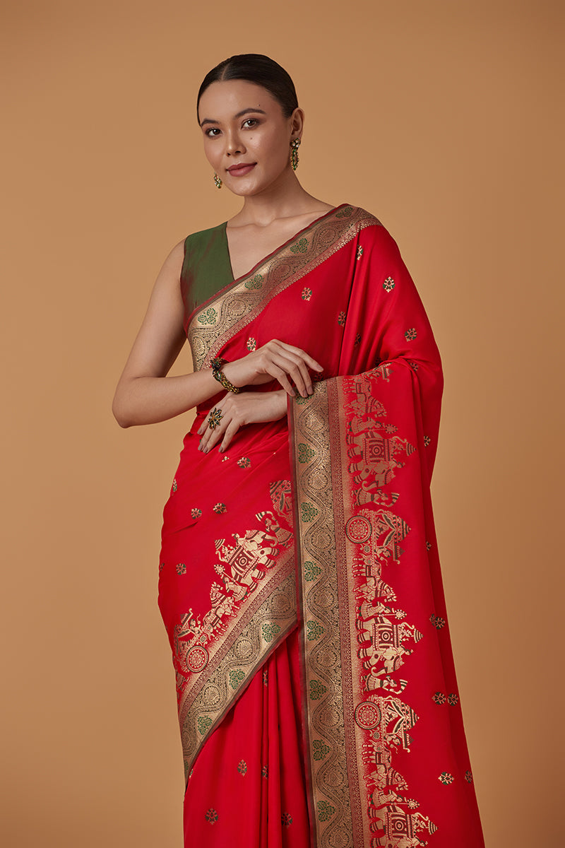 Red Banarasi Silk Blend Saree with Traditional Dulha Dulhan Zari