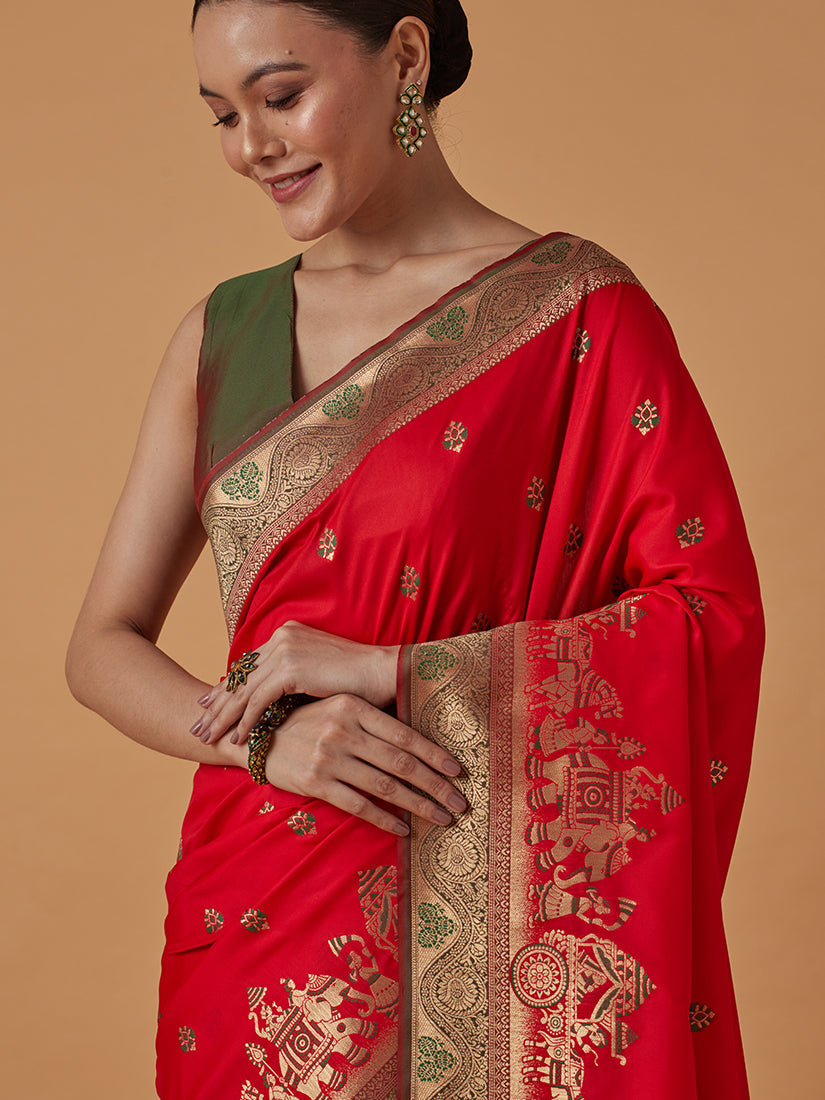 Red Banarasi Silk Blend Saree with Traditional Dulha Dulhan Zari
