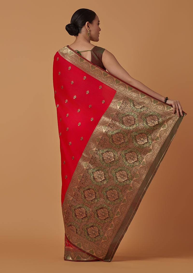 Red Banarasi Silk Blend Saree with Traditional Dulha Dulhan Zari