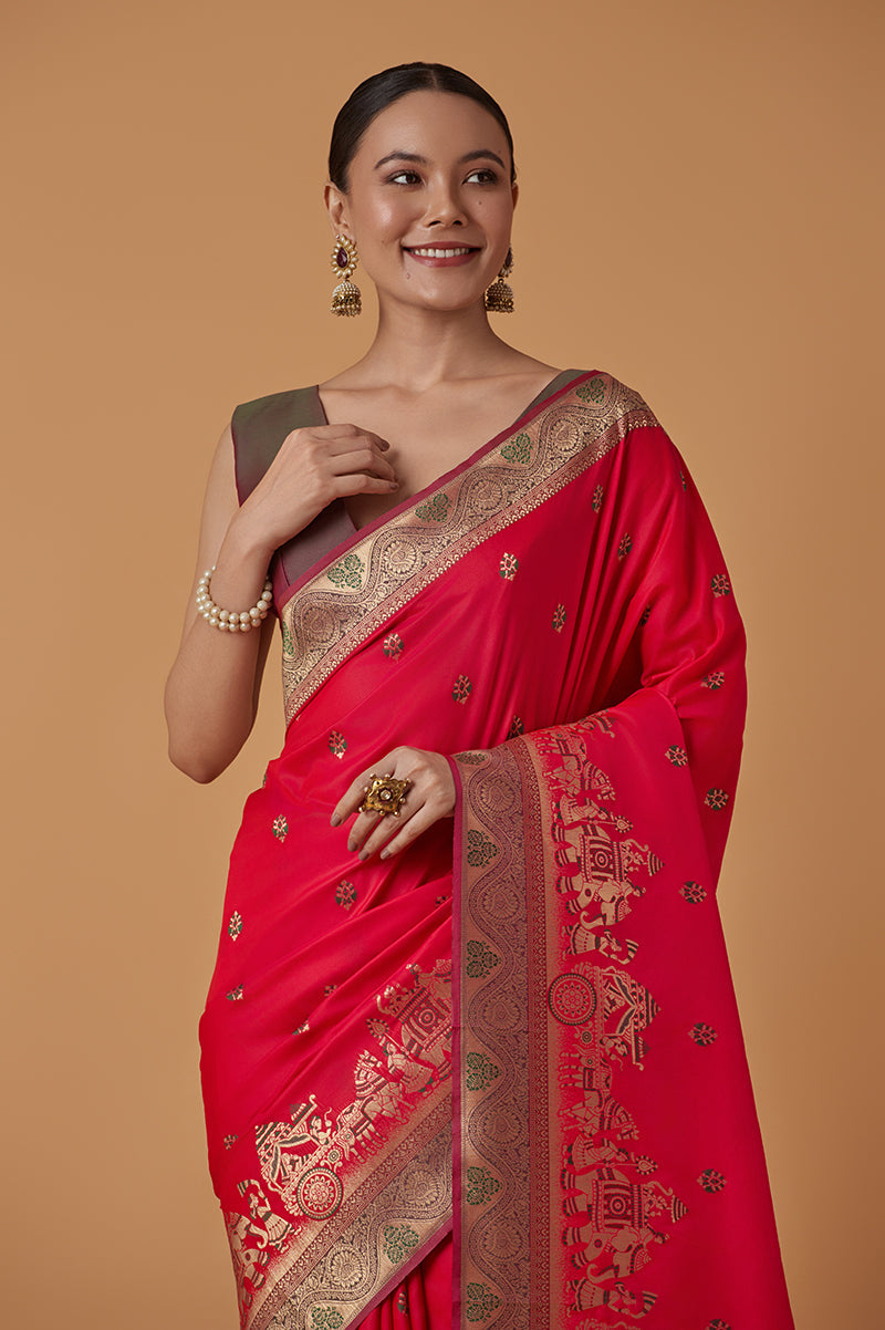 Pink Banarasi Silk Blend Saree with Traditional Dulha Dulhan Zari