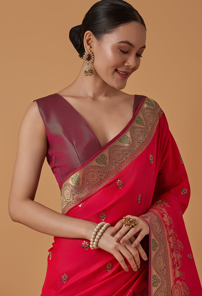 Pink Banarasi Silk Blend Saree with Traditional Dulha Dulhan Zari