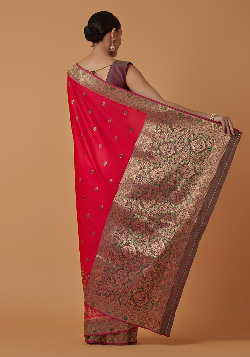 Pink Banarasi Silk Blend Saree with Traditional Dulha Dulhan Zari