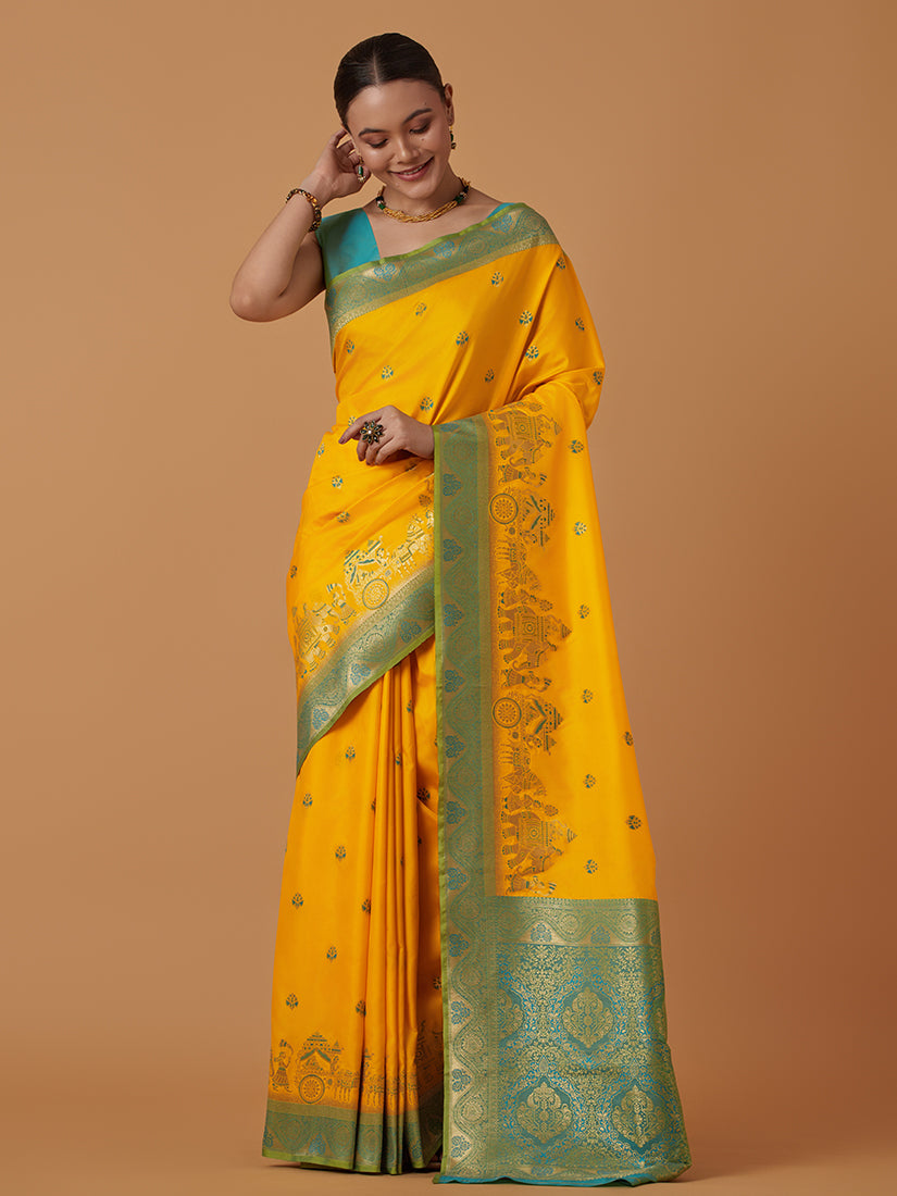 Yellow Banarasi silk blend saree with intricate Dulha-Dulhan Zari woven figures and gold borders.
