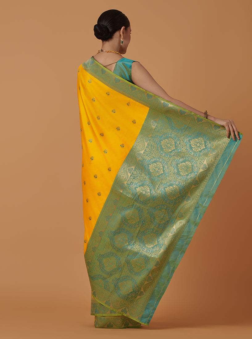 Yellow Banarasi Silk Blend Saree with Dulha Dulhan Zari