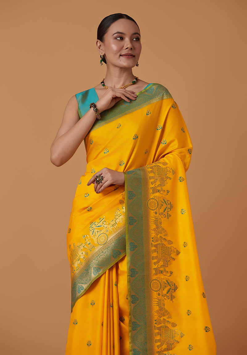 Yellow Banarasi Silk Blend Saree with Dulha Dulhan Zari