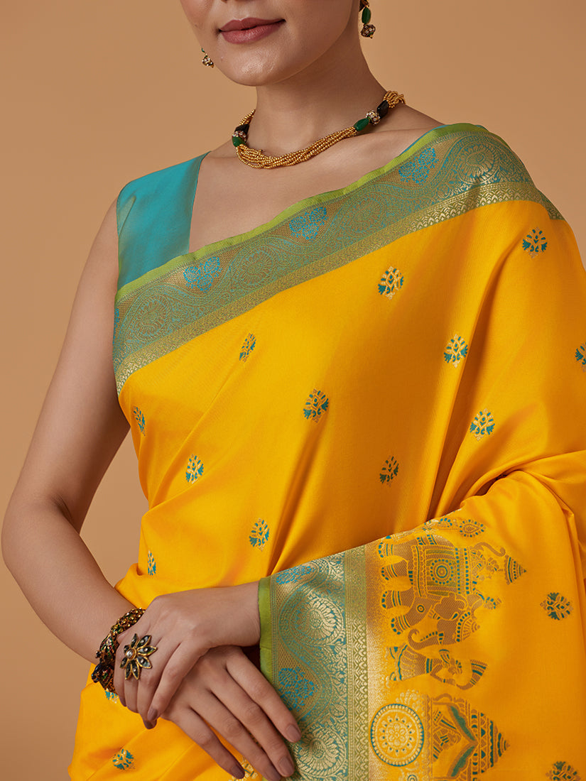 Yellow Banarasi Silk Blend Saree with Dulha Dulhan Zari