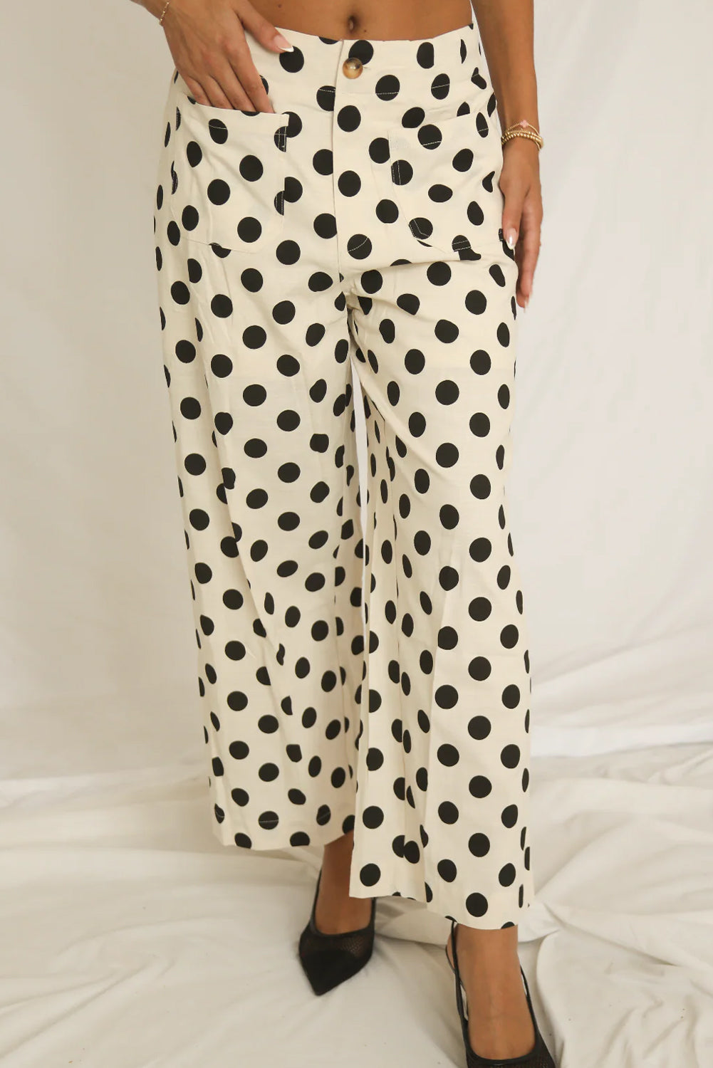 White Polka Dot Loose Wide Leg Pants with Patched Pockets