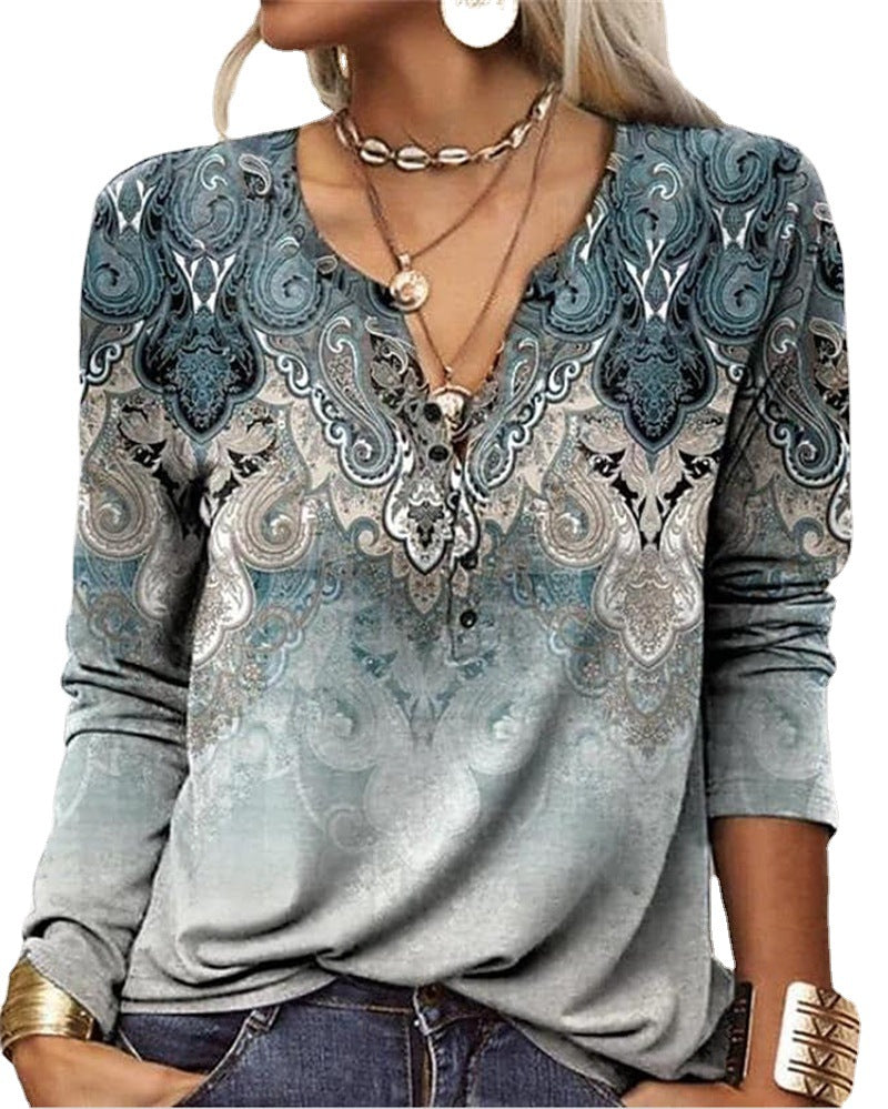 Women's Ethnic Print V-Neck Long Sleeve Henley T-Shirt - Image 2