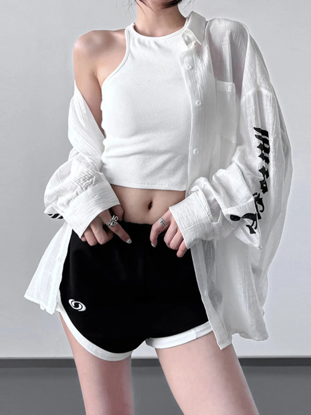 Oversized Sheer Long Sleeve Button-Up Shirt in White - Image 3