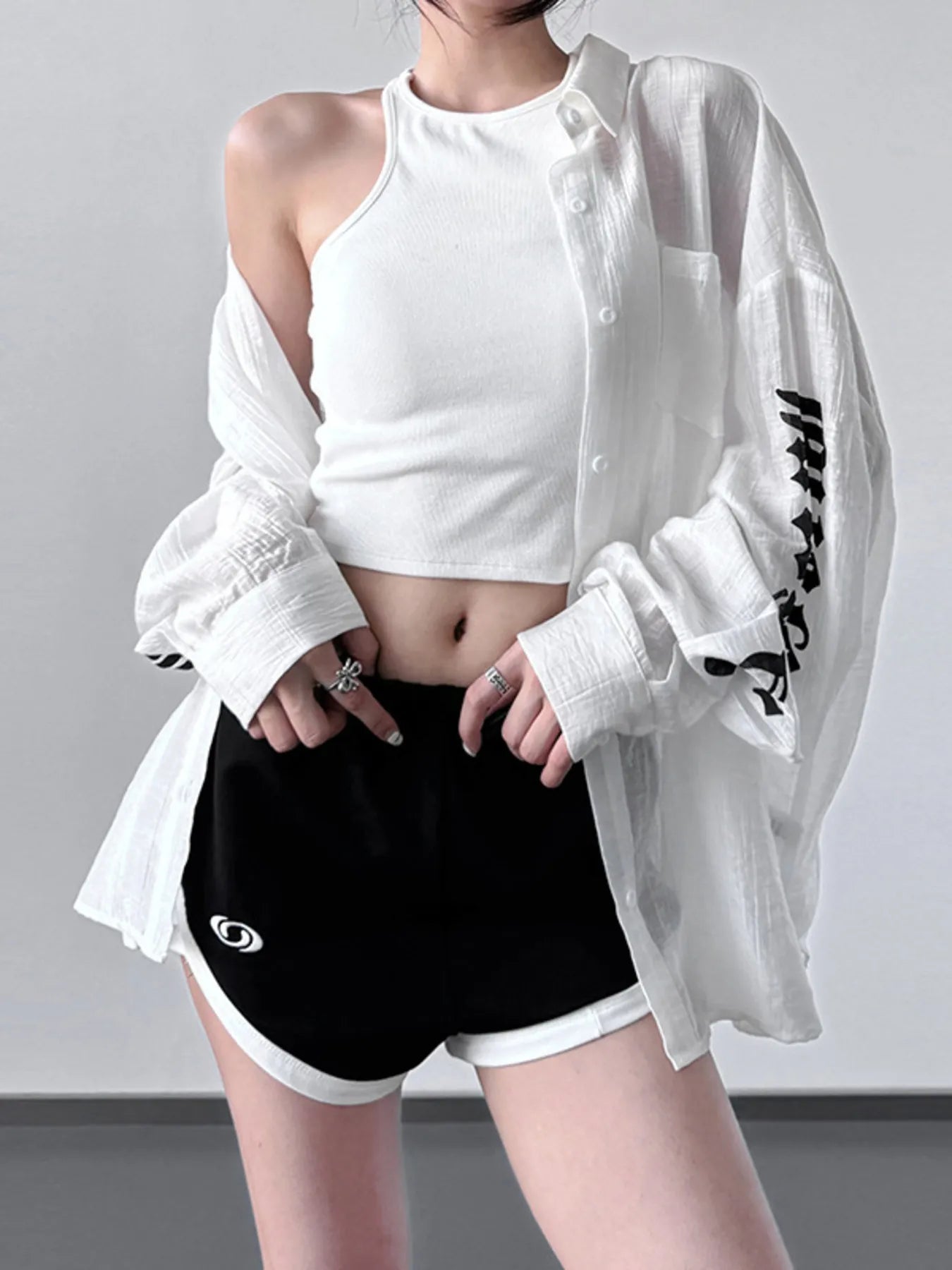 Oversized Sheer Long Sleeve Button-Up Shirt in White - Image 3