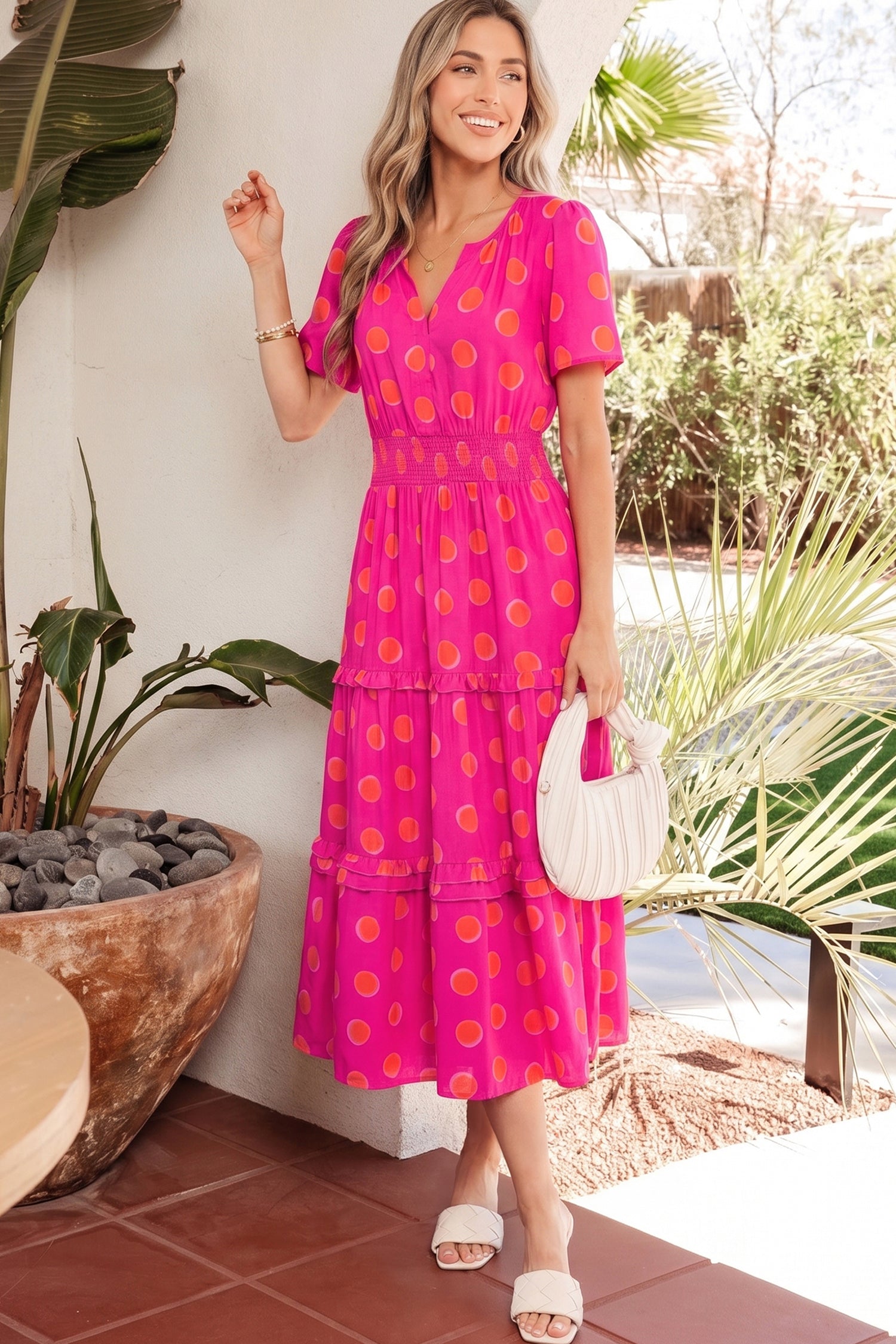 Myra High Waist Midi Dress - Vibrant Polka Dot V-Neck A-Line