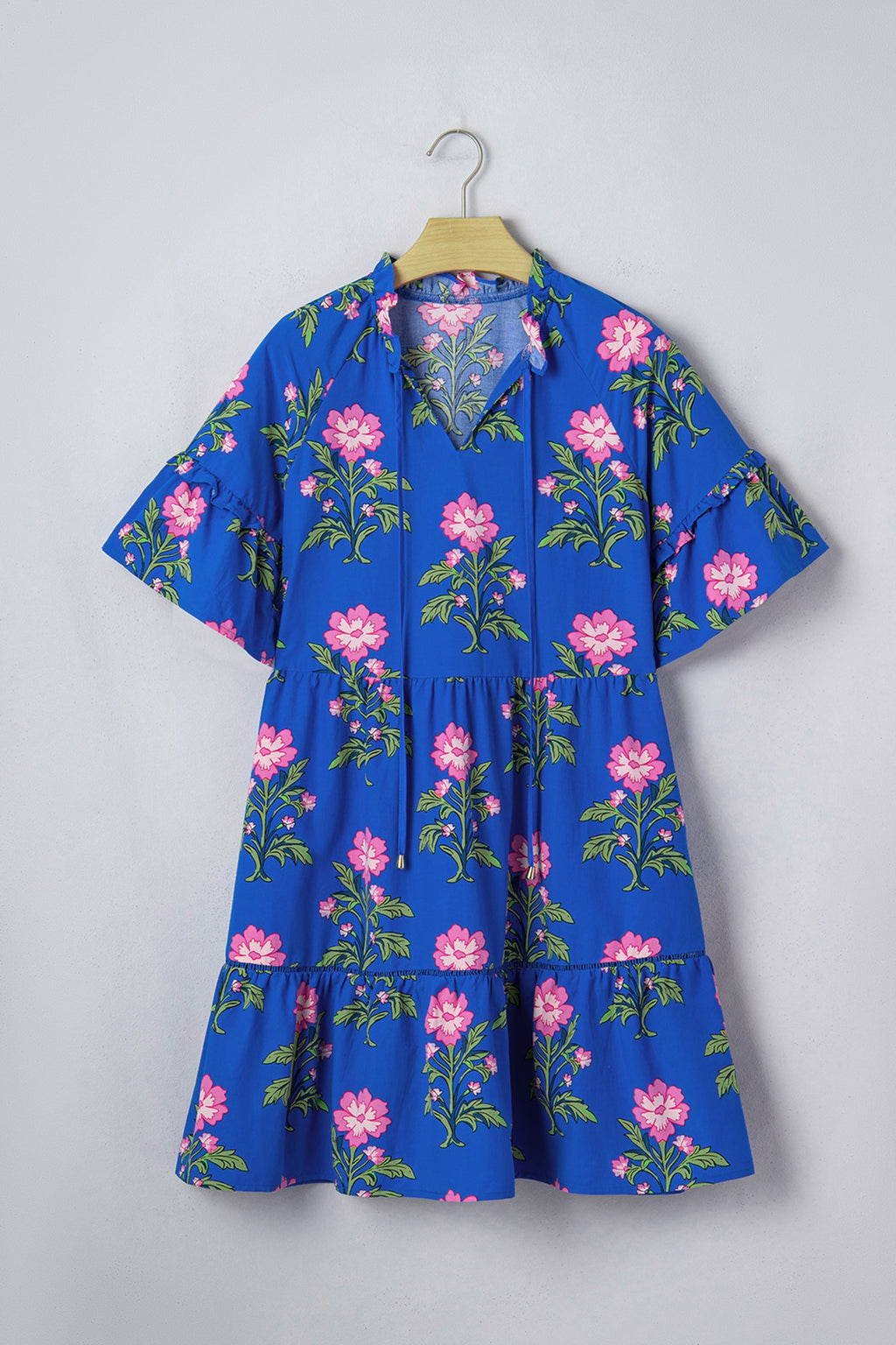 Blue Floral Print V-Neck Tiered Mini Dress with Ruffle Sleeves - Image 2