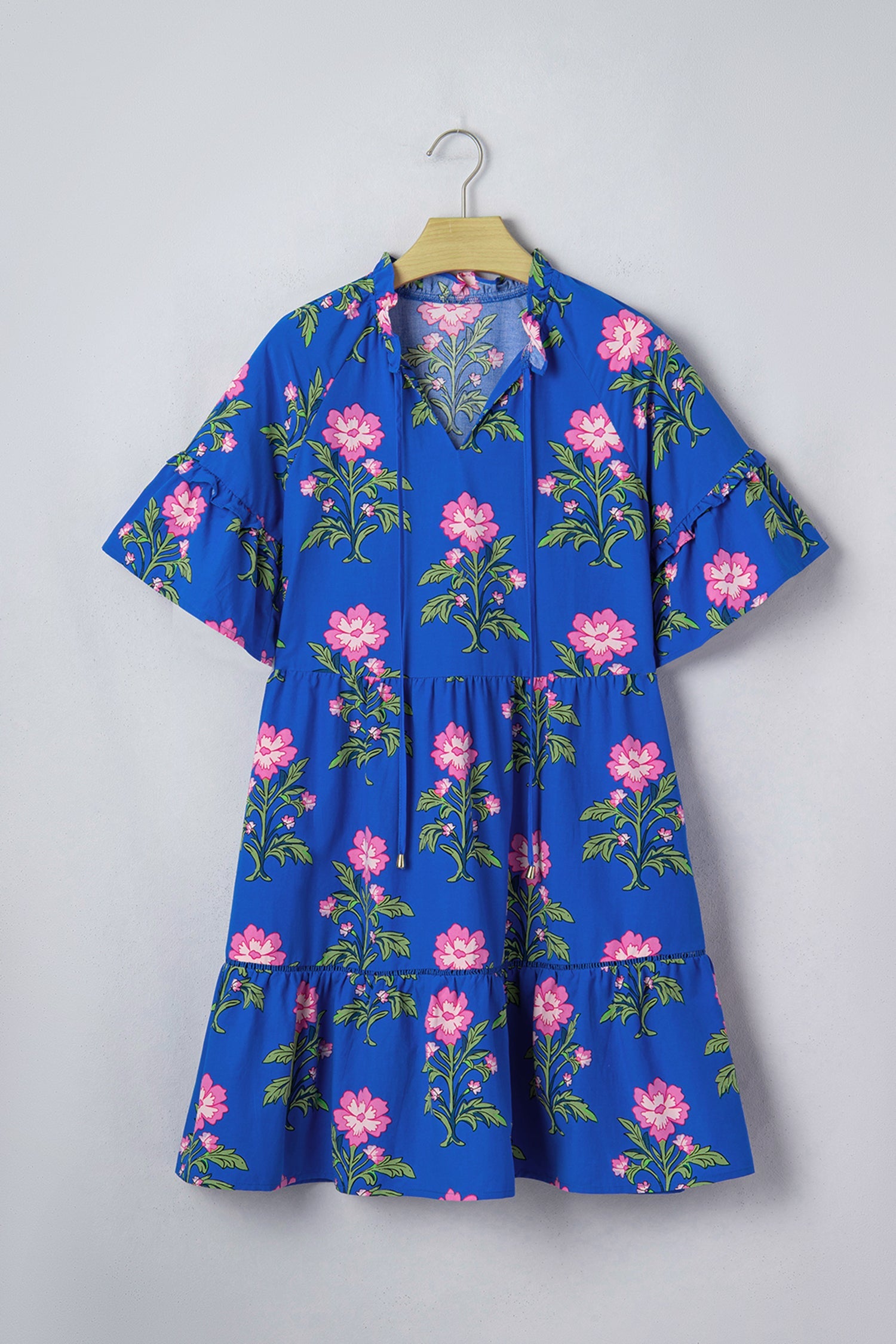 Blue Floral Print V-Neck Tiered Mini Dress with Ruffle Sleeves - Image 2