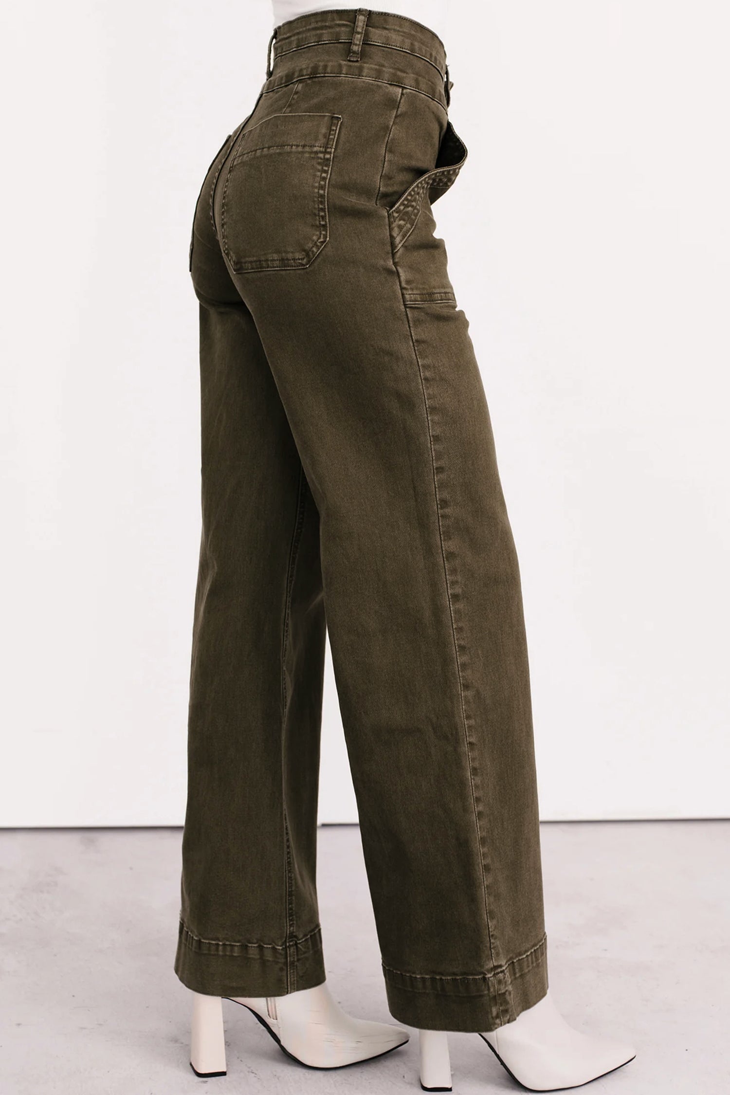 112 Jungle Green Double Waistband Loose Straight Jeans