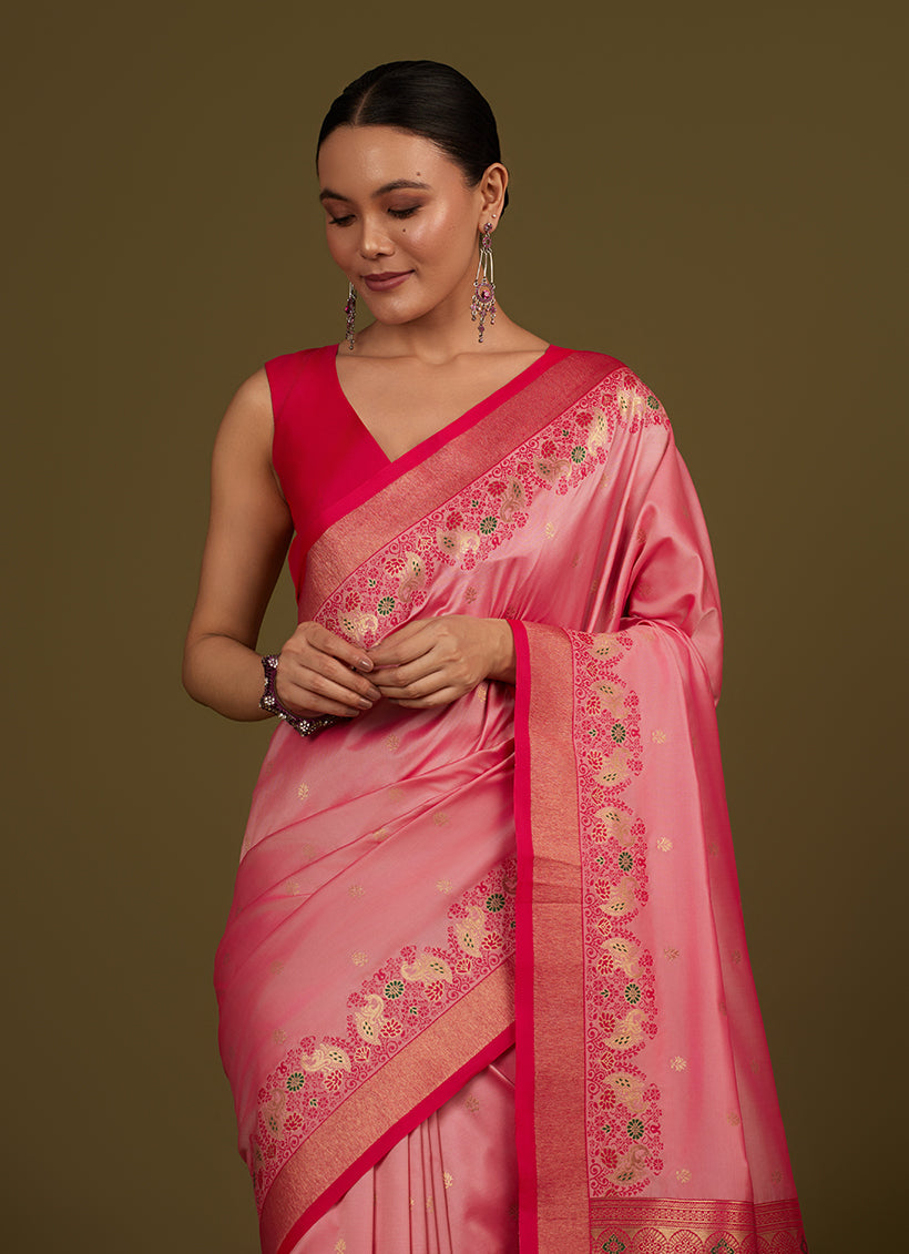Light Pink Banarasi Silk Blend Saree with Rich Zari Pallu