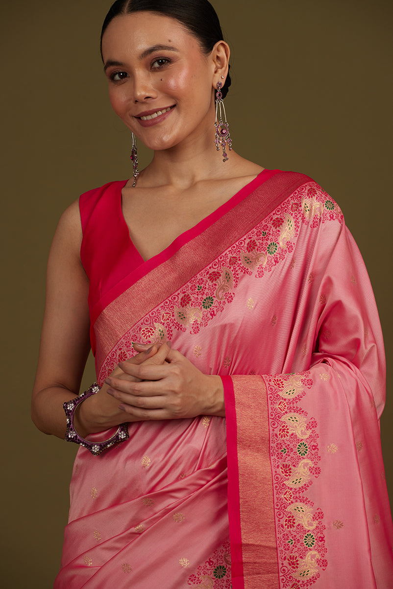 Light Pink Banarasi Silk Blend Saree with Rich Zari Pallu