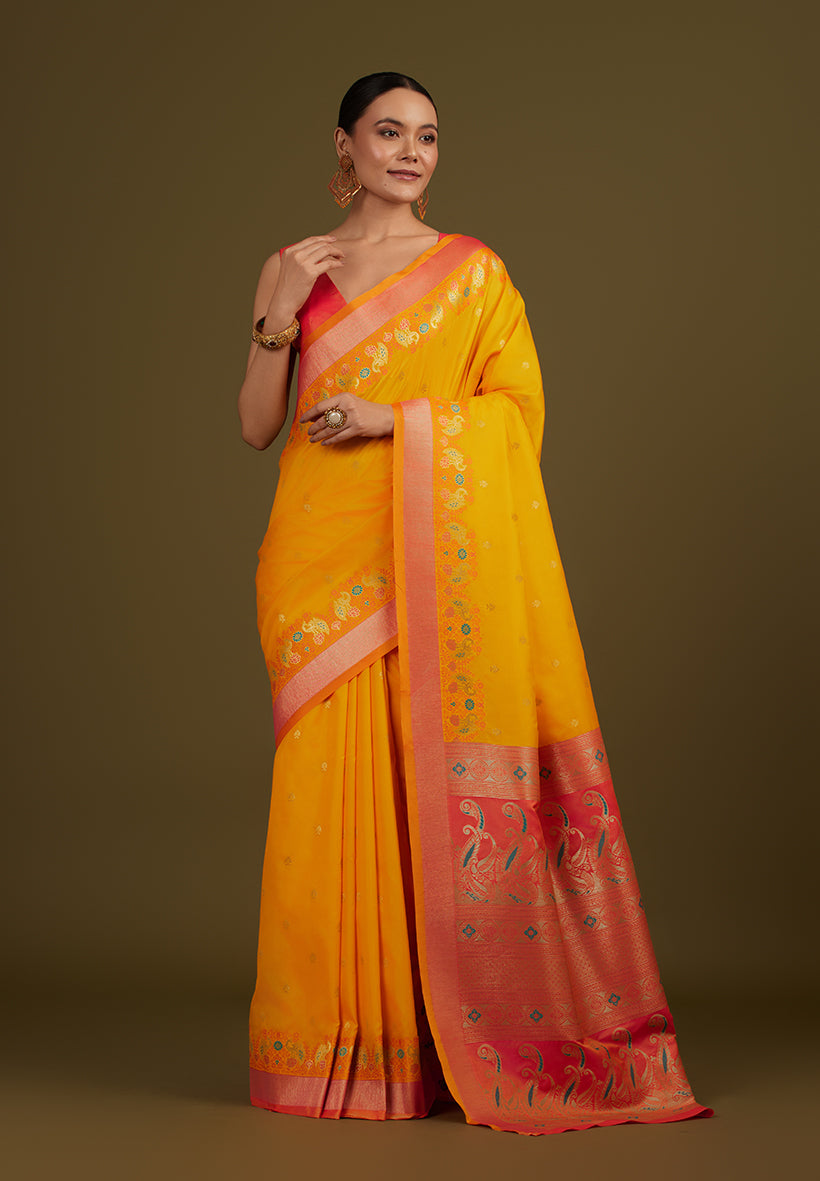 Yellow Banarasi Silk Blend Saree with Paisley Pattern and Zari