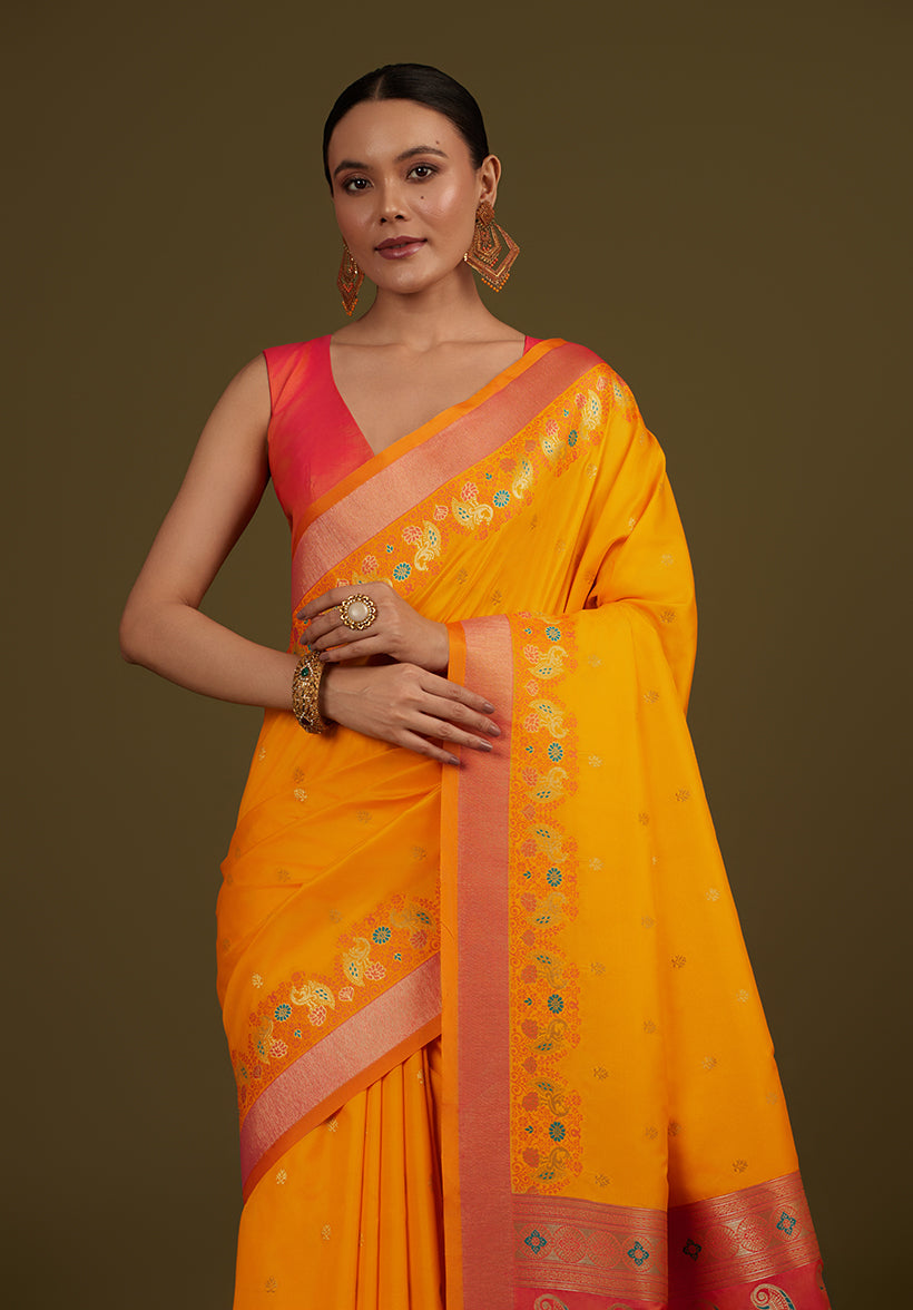 Yellow Banarasi Silk Blend Saree with Paisley Pattern and Zari