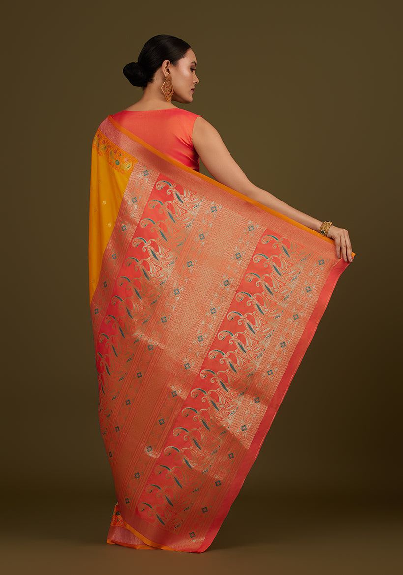 Yellow Banarasi Silk Blend Saree with Paisley Pattern and Zari