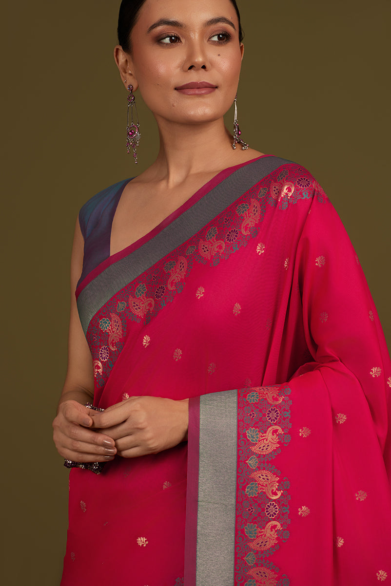 Pink Banarasi Silk Blend Saree with Paisley Patterns and Zari Pallu