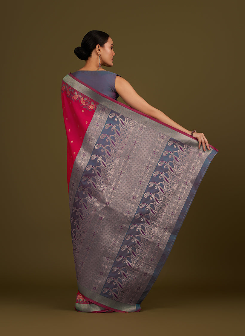 Pink Banarasi Silk Blend Saree with Paisley Patterns and Zari Pallu